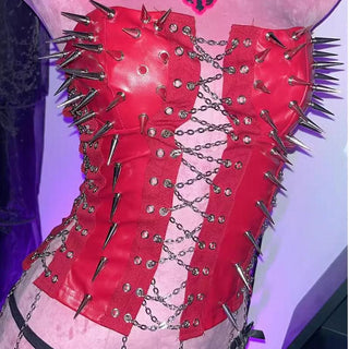 Metal chain lace up rivet applique PU leather tube top