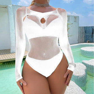 Long sleeve hollow out cross front net bodysuit