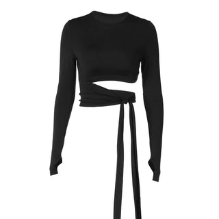 Long sleeve crewneck hollow out knotted cut out top