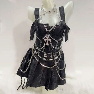 Metal chain cross applique halter o ring top