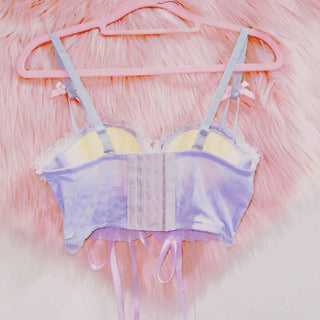 Lace hem bowknot v neck cross applique ribbon top