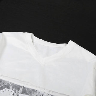 V neck long sleeve lace hem see through top