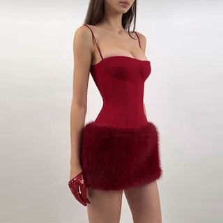 Square neck fluffy patchwork cami mini dress