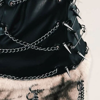 Metal chain PU leather fluffy skull applique mini dress