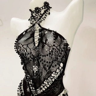 Halter hollow out beaded zip-up mini skirt set