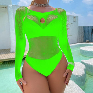 Long sleeve hollow out cross front net bodysuit