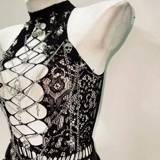 Hollow out metal chain crewneck lace cut out top