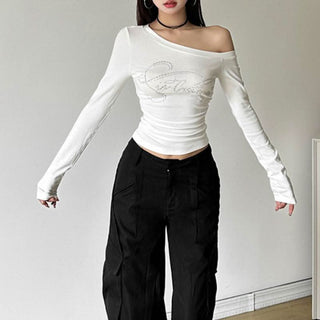 Long sleeve beaded one shoulder ruched top