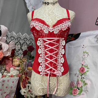 Ruffle v neck flower applique bowknot lace up top