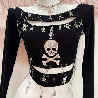 Long sleeve hollow out skull beaded cut out top
