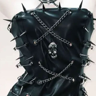 Metal chain PU leather fluffy skull applique mini dress