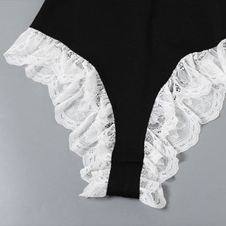 Off shoulder lace hem v neck zip-up bodysuit