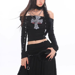 Long sleeve off shoulder beaded cross pattern top