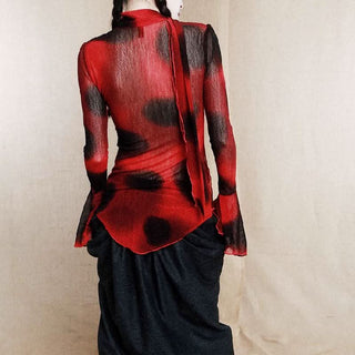 Long flared sleeve ruffle deep V neck mesh print top