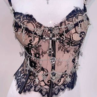 Sweetheart neck lace hem metal chain cami top