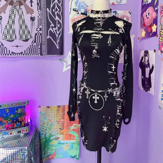 Long sleeve hollow out o ring skull applique cut out mini dress