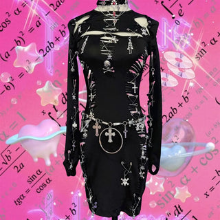 Long sleeve hollow out o ring skull applique cut out mini dress