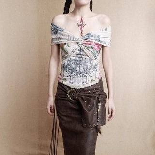 Off shoulder lace hem knotted flower print top