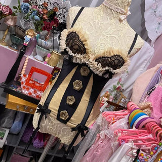 Ruffle v neck flower applique bowknot lace up top