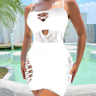 Net hollow out solid tube cut out mini dress