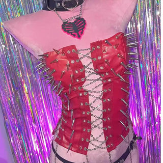 Metal chain lace up rivet applique PU leather tube top