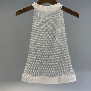 Crewneck hollow out see through beaded button cut out top