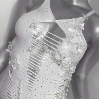 V neck beaded bowknot hollow out metal chain cami cut out mini dress