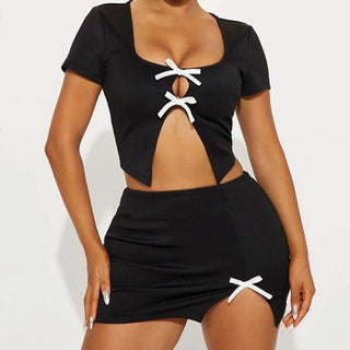 Short sleeve bowknot crop mini skirt set