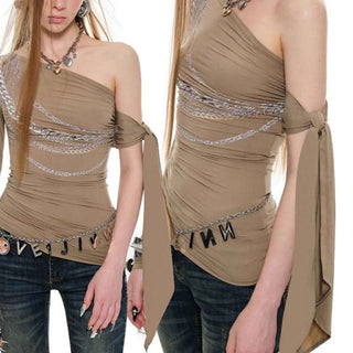 Irregular long sleeve chain print one shoulder top