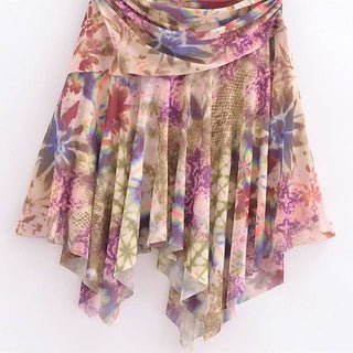 Halter self tie ruched print mesh v neck mini dress