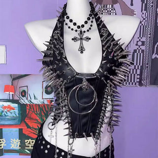 Halter PU leather o ring rivet applique metal chain top