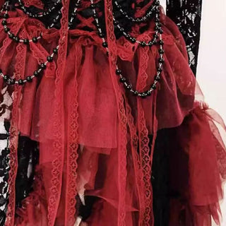 Long flared sleeve lace flower applique ruffle midi dress