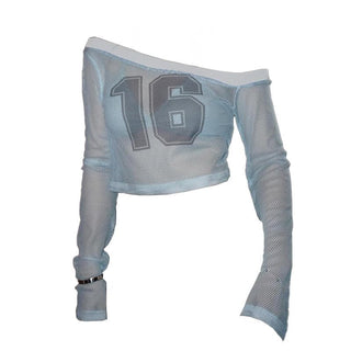 Long sleeve fishnet see through off shoulder â€œ16â€ print crop top