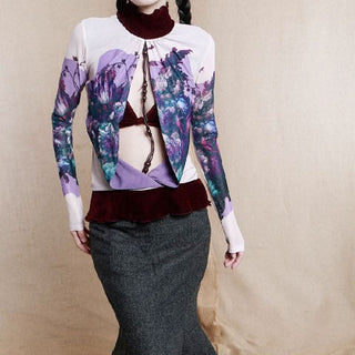 Long sleeve high neck ruffle beaded flower print top