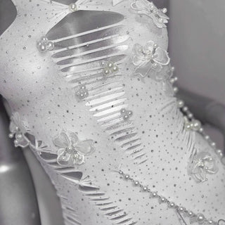 V neck beaded bowknot hollow out metal chain cami cut out mini dress