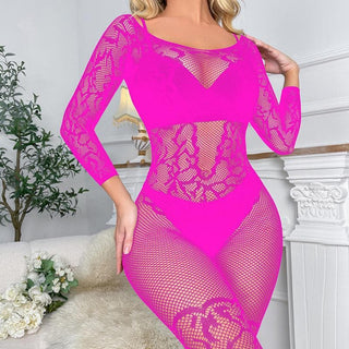 Long sleeve off shoulder fishnet pattern bodystocking