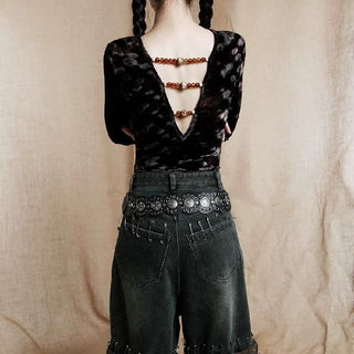 Long sleeve deep V neck beaded mesh bodysuit