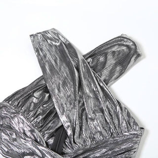 Cross front hollow out high slit ruched metallic cut out maxi dress