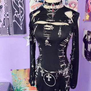 Long sleeve hollow out o ring skull applique cut out mini dress