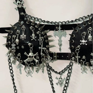 Metal chain rivet skull applique buckle cami top