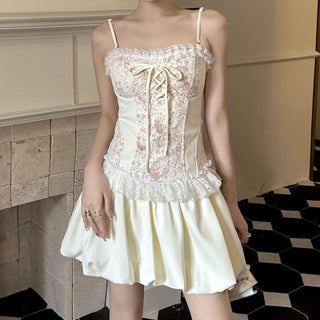 Lace hem ruffle flower print patchwork cami mini dress