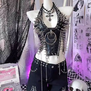 Halter PU leather o ring rivet applique metal chain top