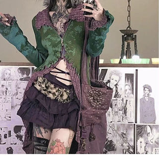 Long flared sleeve turnover collar zip-up tie dye ruffle top