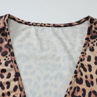 Leopard print deep V neck long sleeve button bodysuit
