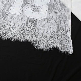 V neck long sleeve lace hem see through top