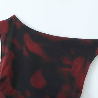 Irregular print ruched one shoulder contrast top