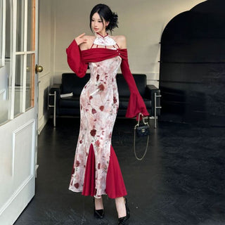 Long flared sleeve velvet flower print hollow out cut out maxi dress