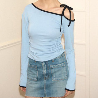 One shoulder long sleeve self tie top