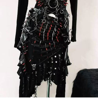 Long sleeve rivet metal chain PU leather mini skirt set