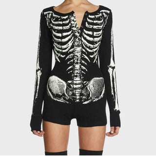 Human skeleton print long sleeve button mini dress